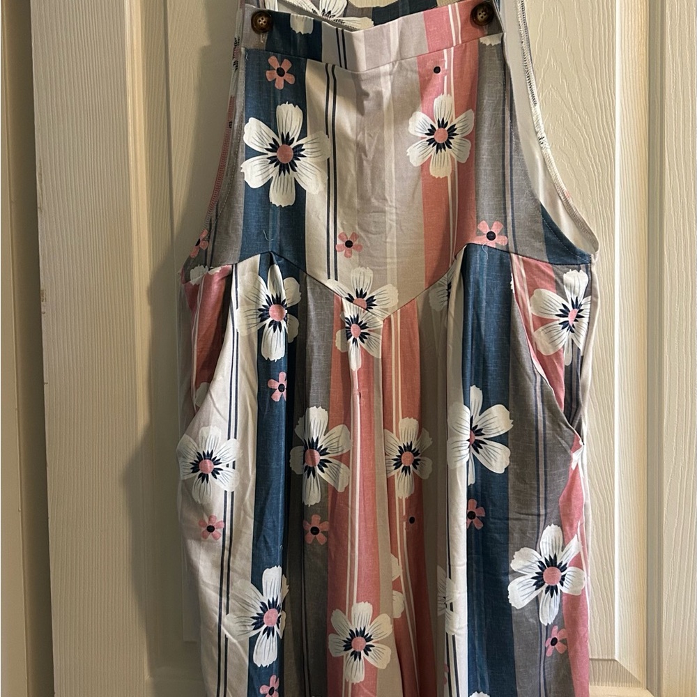 Striped Floral Romper - Pink, Blue, Gray & White